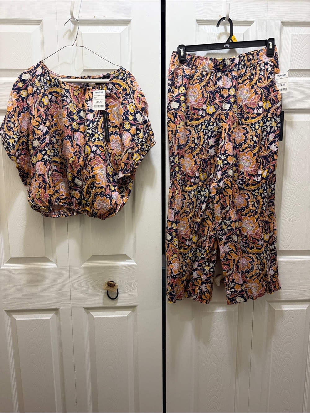 Floral Two-Piece Top & Skirt Set in Navy with Pink & Gold Floral Print